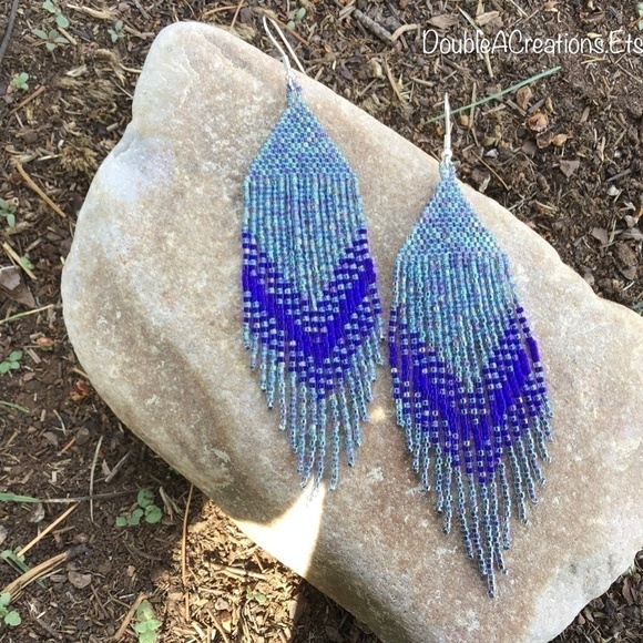 𝅺RAINBOW Gunmetal and Navy Beaded Earrings with Fringe - Picture 6 of 10